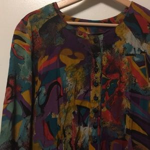 Vintage 80s 90s abstract rayon midi button dress